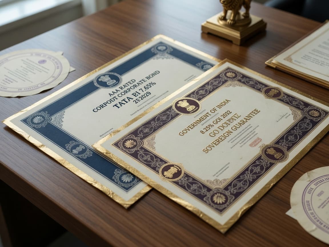 Indian fixed income bond certificates on a private banking desk