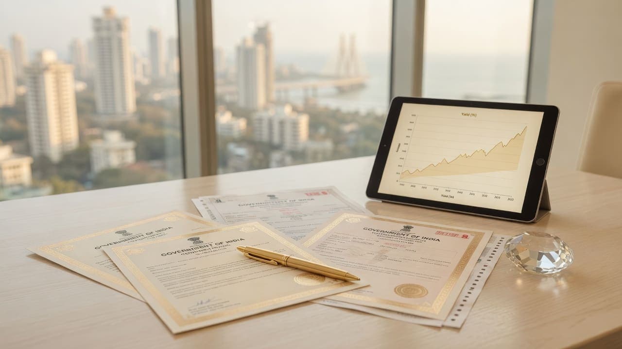 Bond certificates and market desk in a private banking office